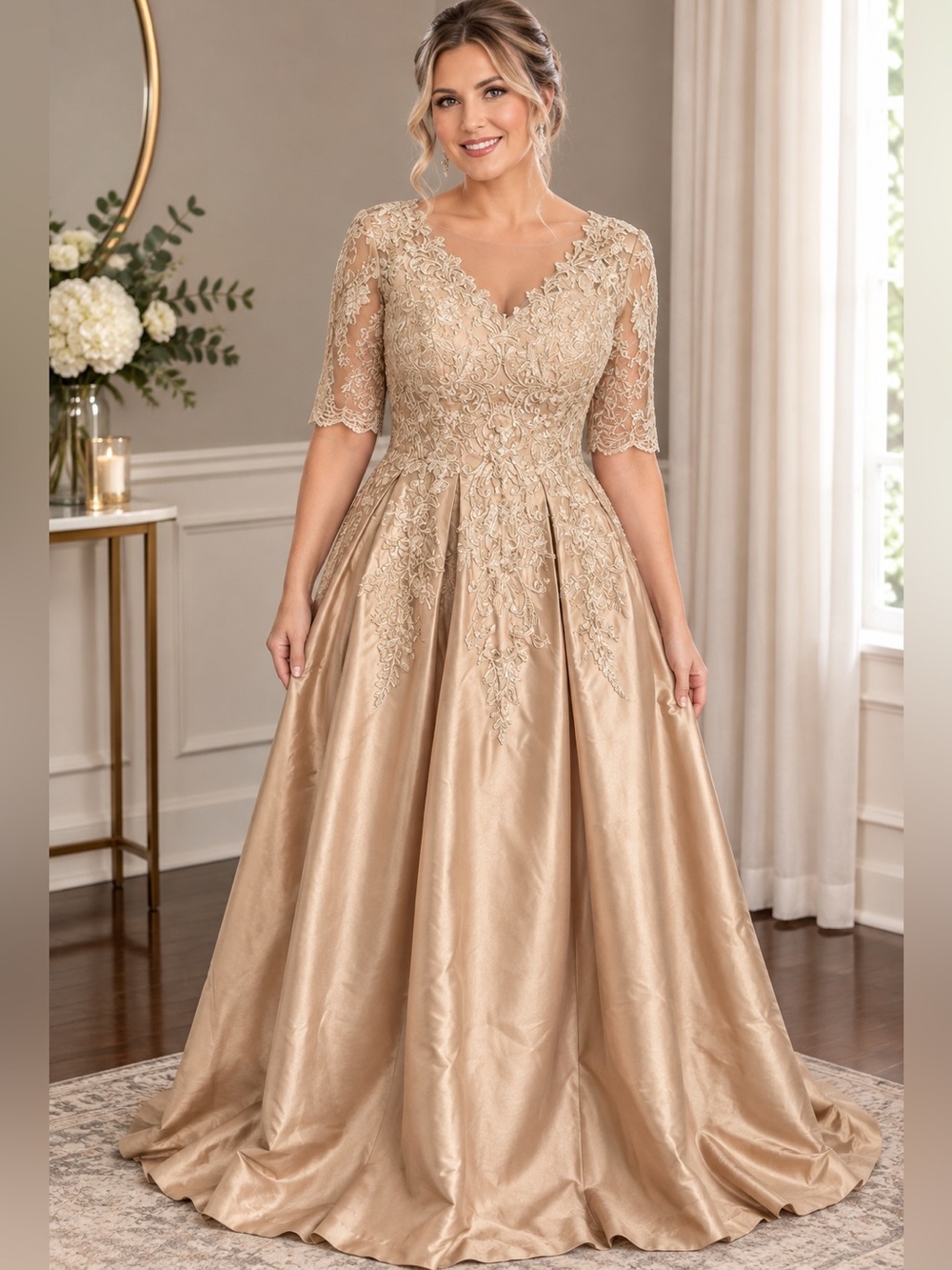 Elegant Lace Bodice Champagne Evening Dress with a back corset